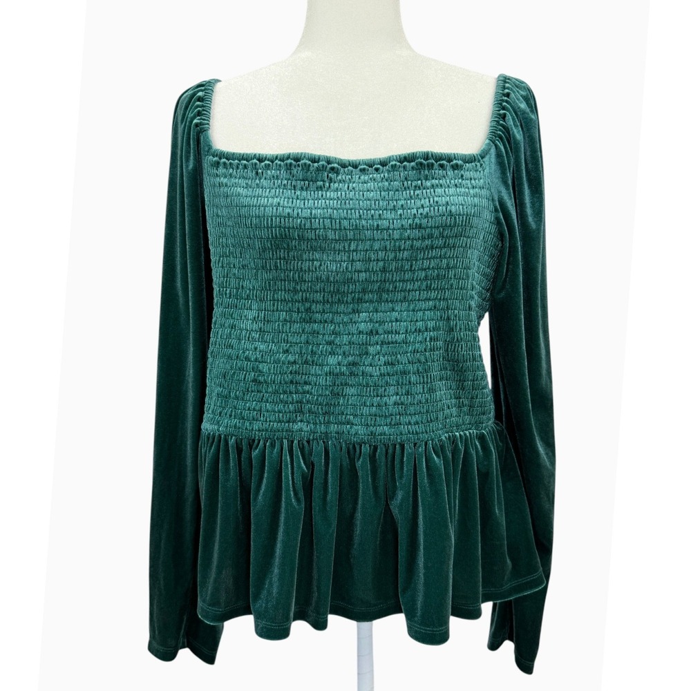 GAP Women's XXL Emerald Green Velvet Smocked Peplum Top Square Neck
